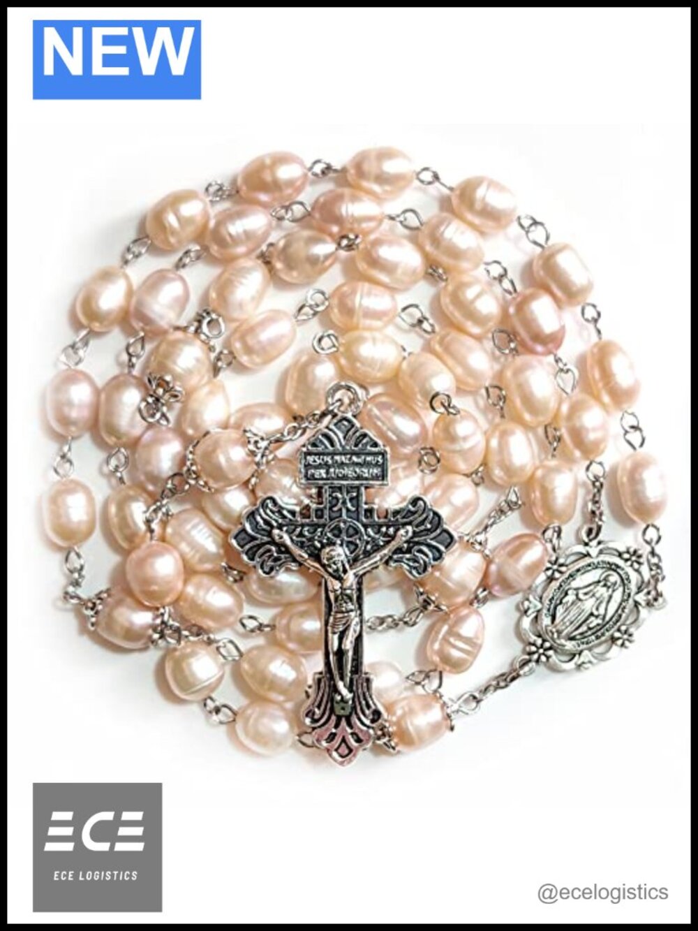 Natural Pearl Rosary Beads Olive Shape Cross Catholic Necklace